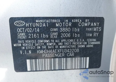 2015 Hyundai Elantra Se from USA, damaged, VIN KMHDH4AEXFU342208